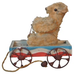 Antique Articulating Teddy Bear Driving Wagon Platform Pull Toy Americana