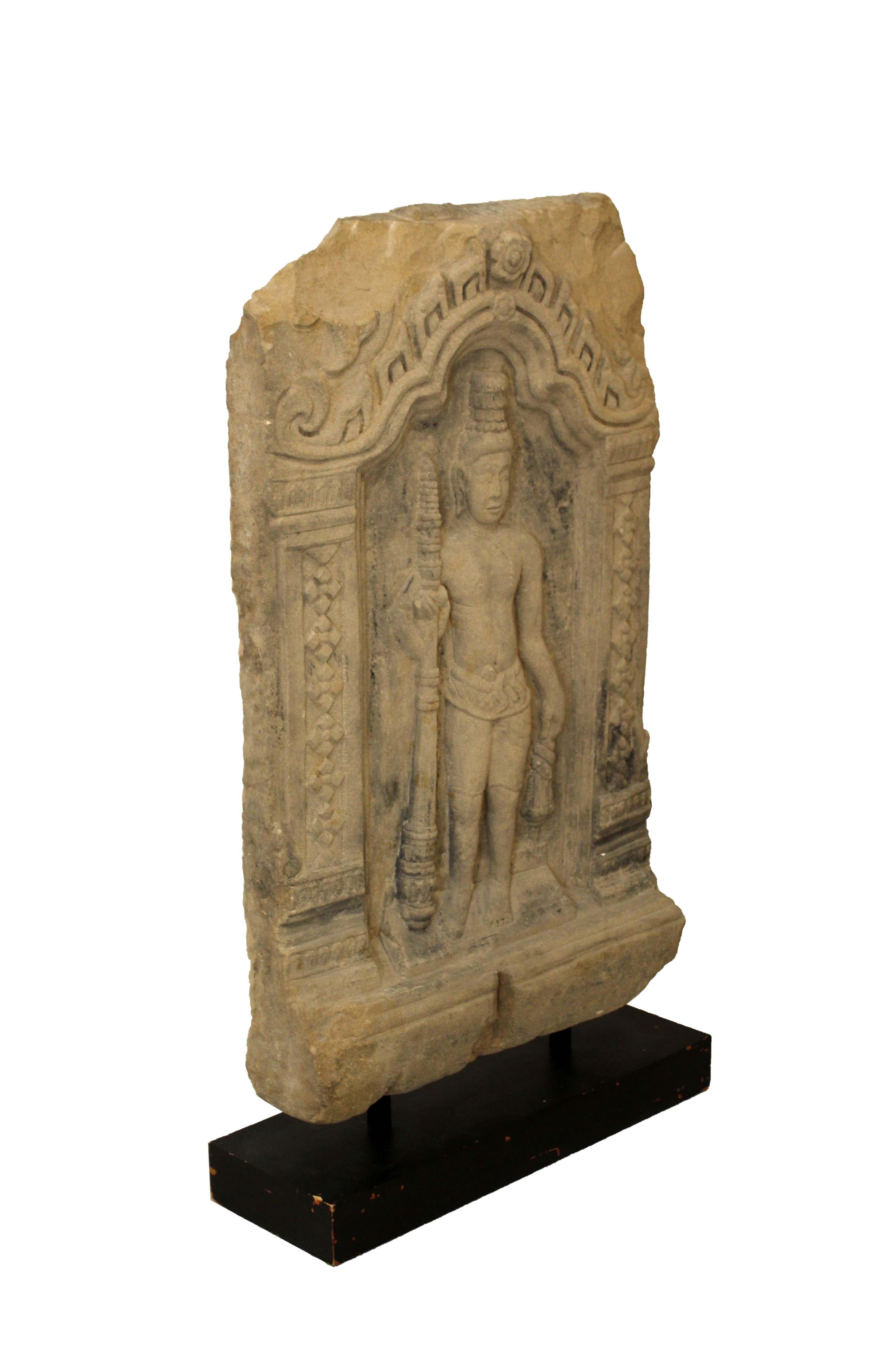 A unique artifact inspired collector’s item – an antique temple stele, or stone slab. From a private collection. Dimensions: 34.5H x 19.75W x 6.75D. In very good vintage condition.
 