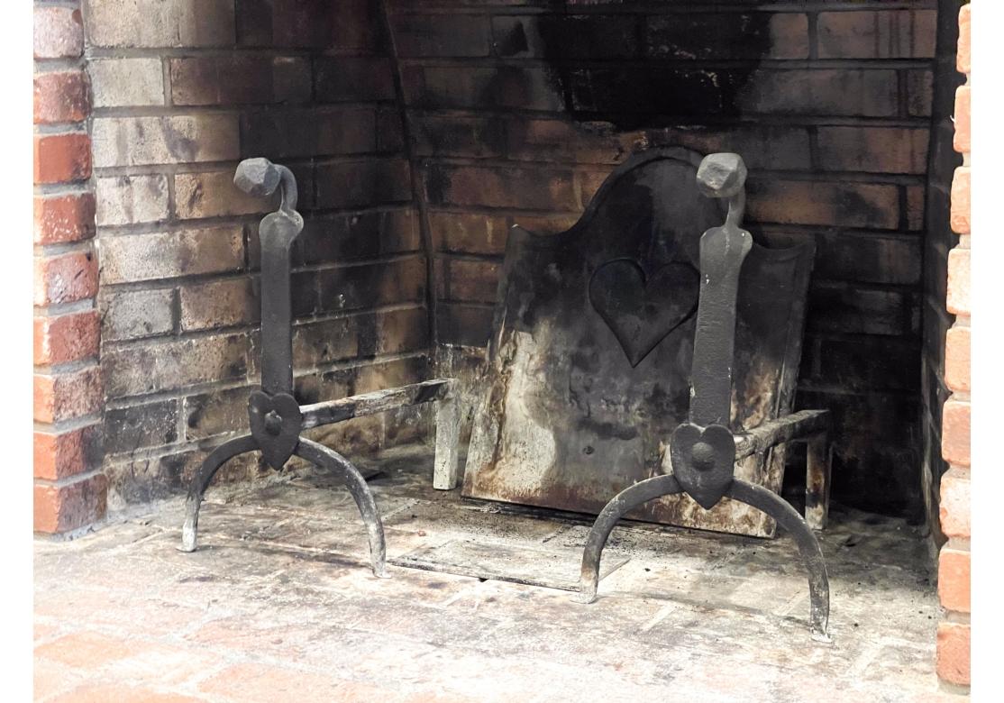 Arts and Crafts Antique Artisan Hand Forged Signed Fireback And Matching Andirons For Sale