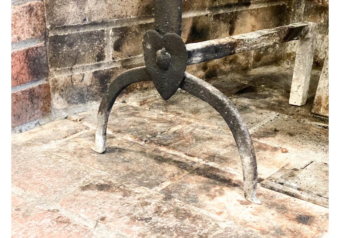 Iron Antique Artisan Hand Forged Signed Fireback And Matching Andirons For Sale