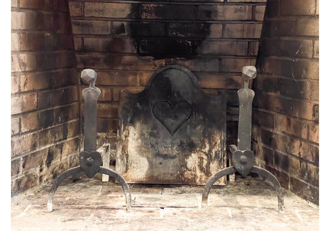 Antique Artisan Hand Forged Signed Fireback And Matching Andirons For Sale 1