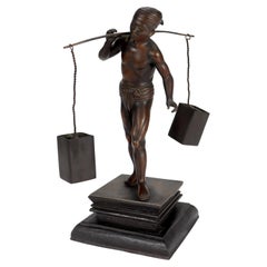 Antique Artist Signed Pegu Burmese Bronze Sculpture of a Man with Carrying Pole
