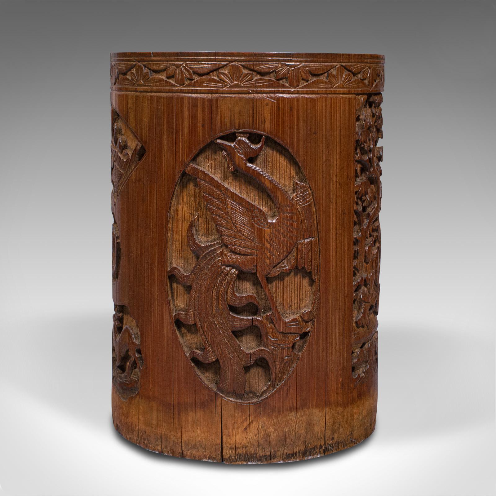 19th Century Antique Artist's Brush Pot, Chinese, Carved Bamboo, Treen, Victorian, circa 1900 For Sale
