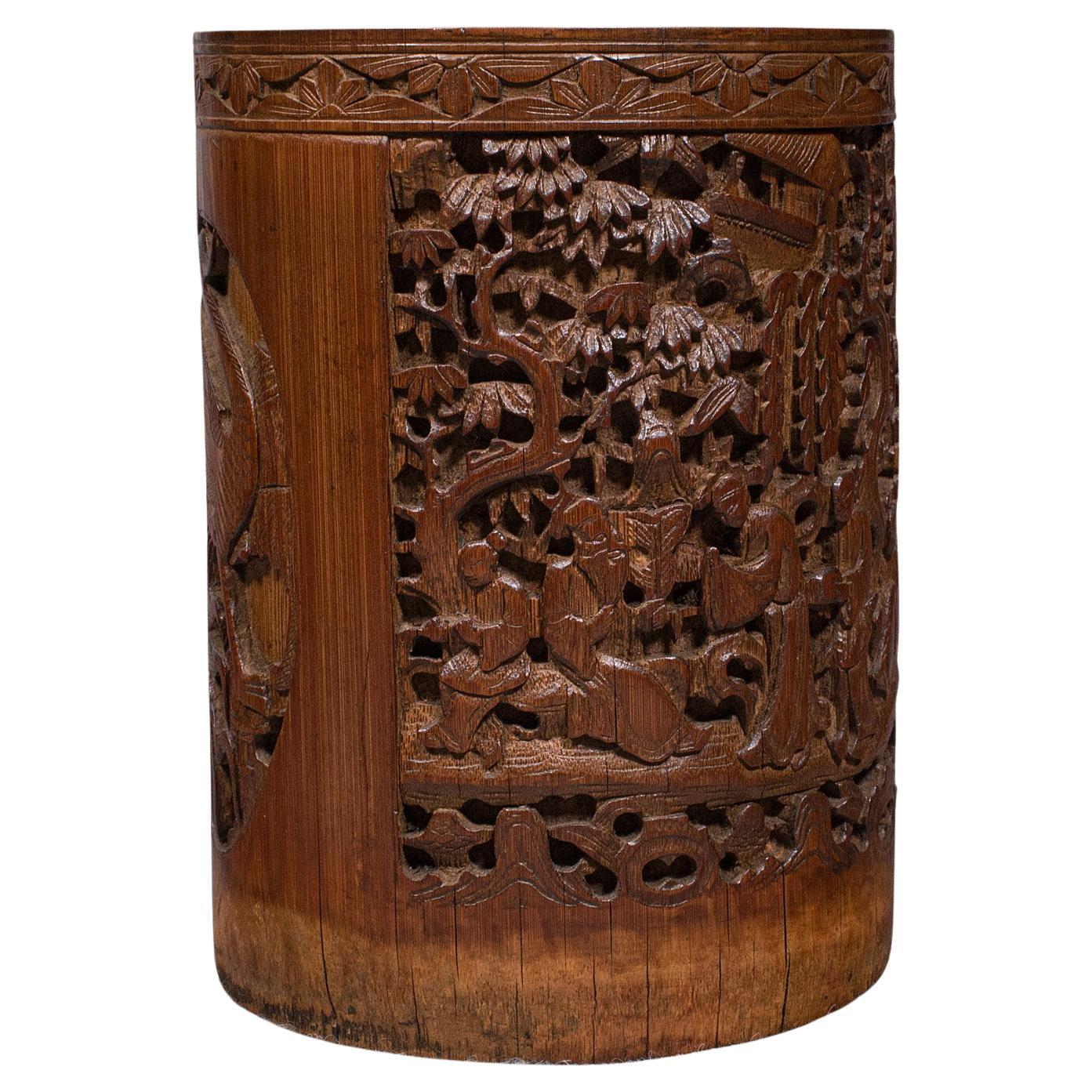 Antique Artist's Brush Pot, Chinese, Carved Bamboo, Treen, Victorian, circa 1900 For Sale
