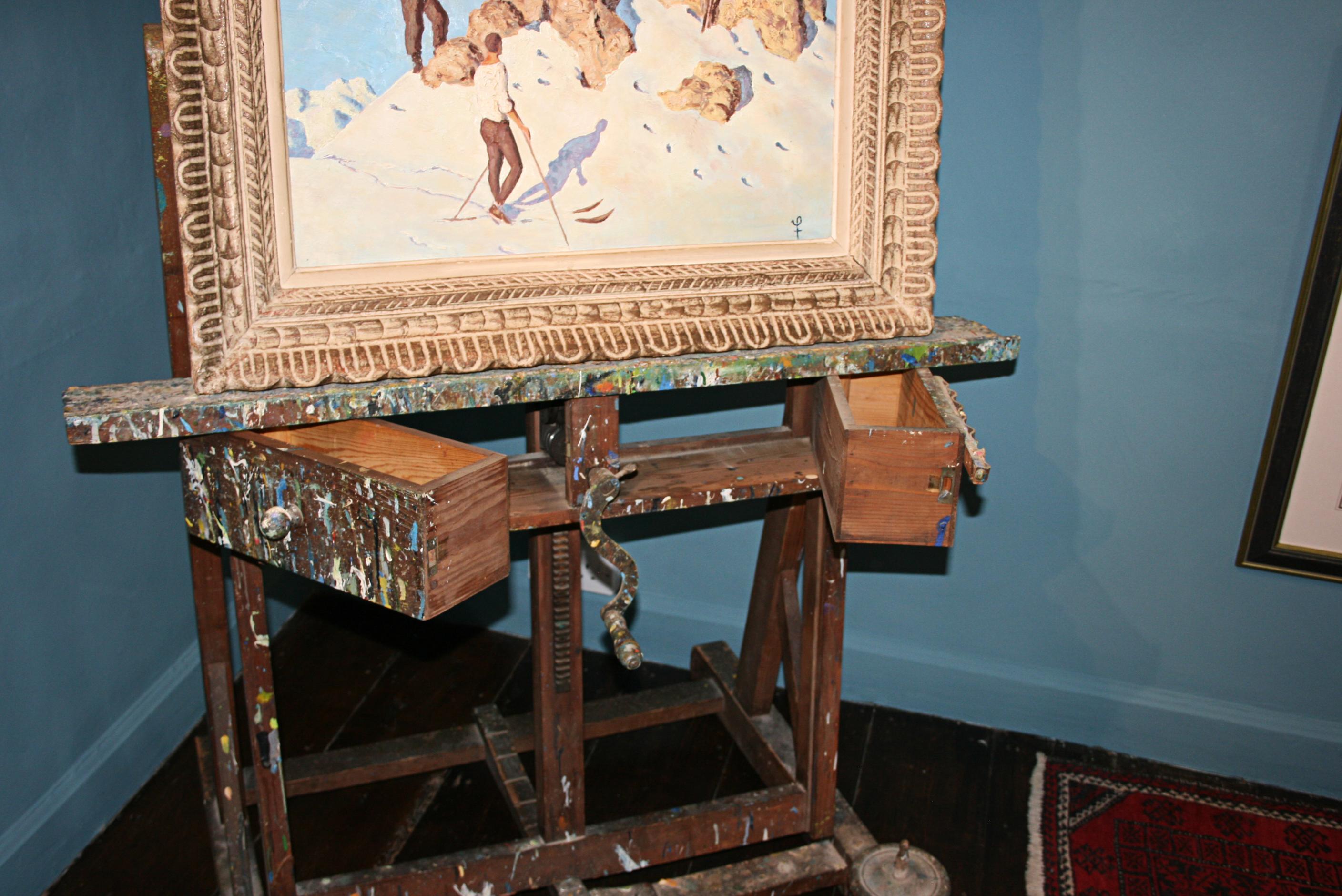 Antique Artists Easel, Large Dimensions, Adjustable with Old Paint 8