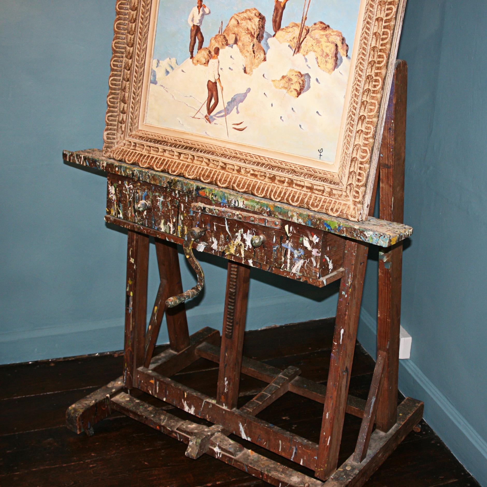 Antique Artists Easel, Large Dimensions, Adjustable with Old Paint 9