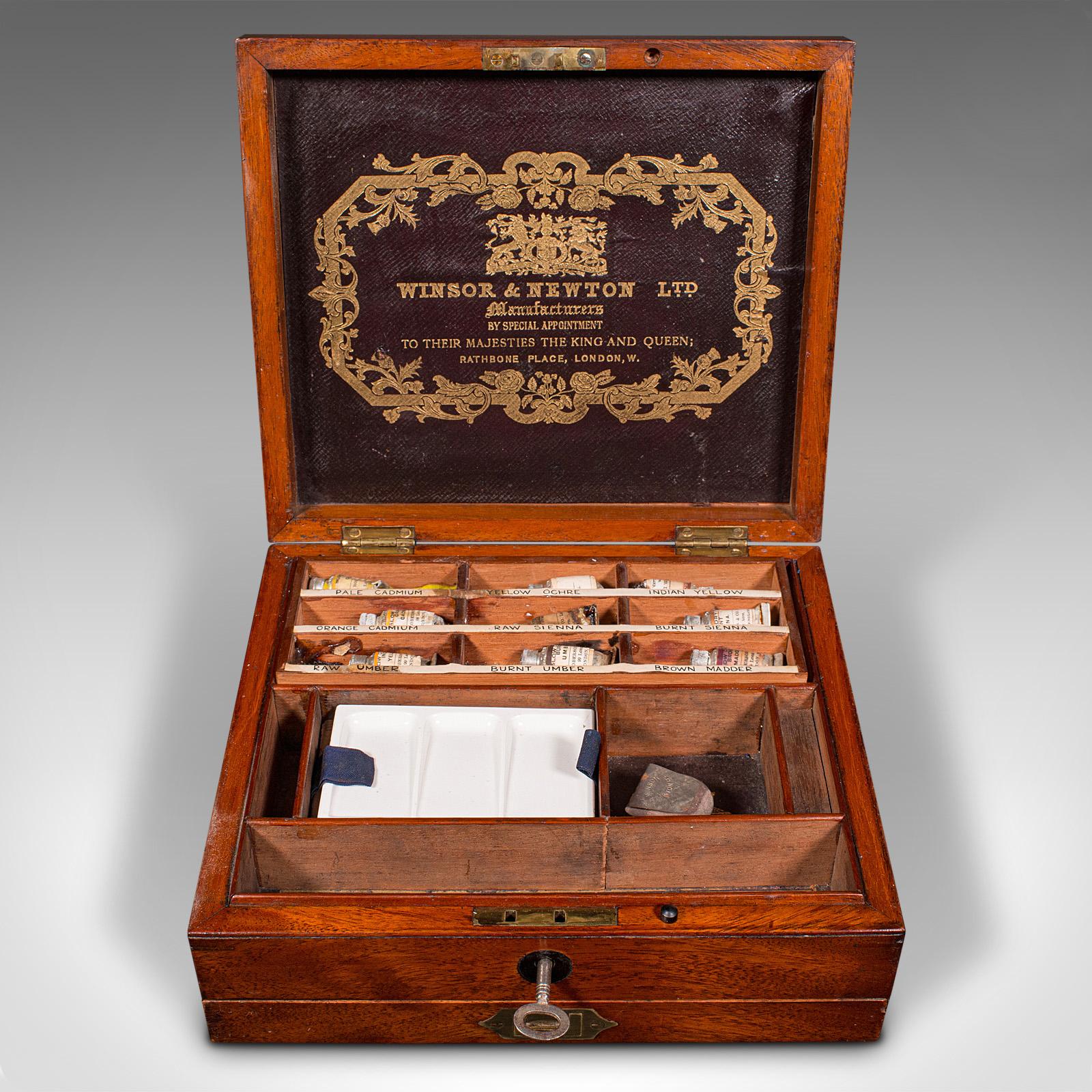 British Antique Artist's Paint Box, English, Carry Case, Winsor & Newton, Late Victorian For Sale