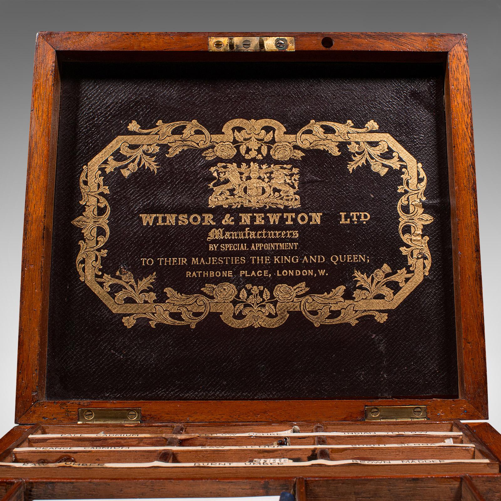 Boîte à peinture d'artiste ancienne, anglaise, porte-monnaie, Winsor & Newton, fin de l'époque victorienne en vente 1