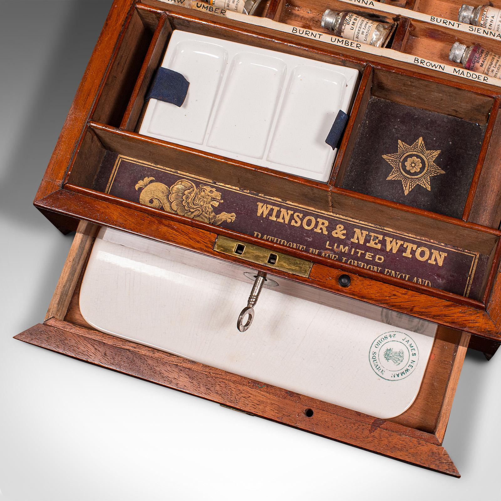 Caja de pintura de artista antigua, inglesa, estuche, Winsor & Newton, época victoriana tardía 2