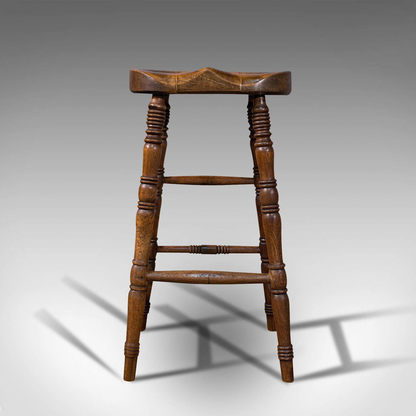 This is an antique artist's stool. An English, beech saddle seat, dating to the late Victorian period, circa 1900.

Of useful, classic form with appealing craftsmanship
Displays a desirable aged patina throughout
Beech seat shows fine grain