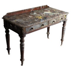 Antique Artist's Studio Paint Splattered Mahogany Writing Table Desk, 19th C.