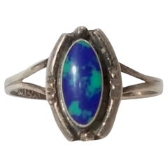 Antique ArtNouveau Blue AzurMalachite MilapillasMine Cabochon MexicanSilver Ring