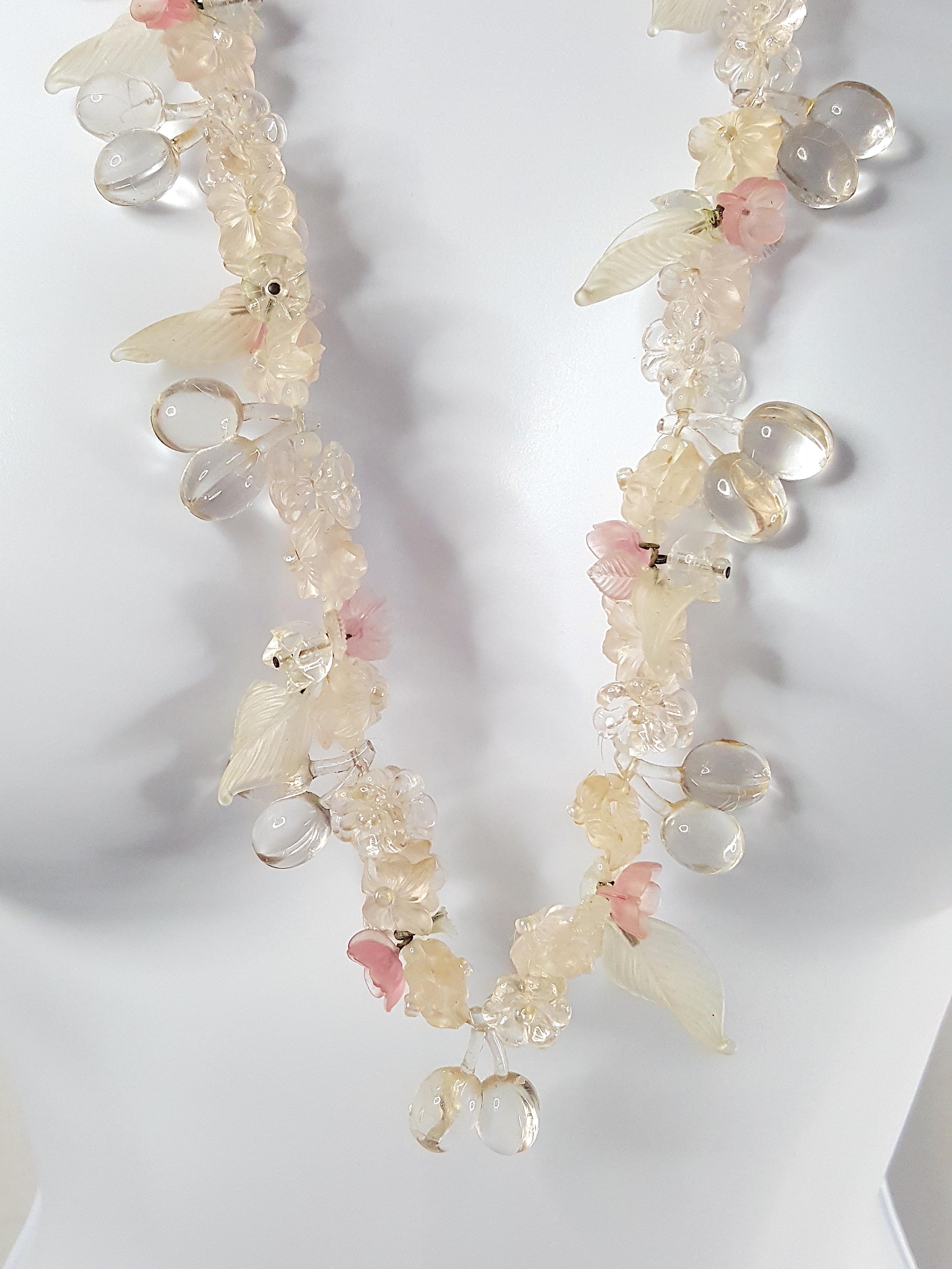 Art Nouveau Antique ArtNouveau European FauxLampwork Glass Flora CherryBlossom Long Necklace For Sale