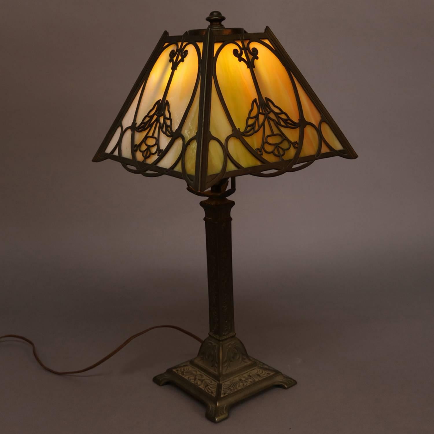 Arts and Crafts Antique Arts & Crafts Bradley & Hubbard School Slag Glass Table Lamp, circa 1920