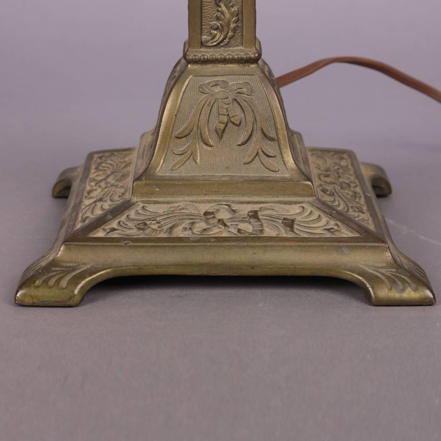Cast Antique Arts & Crafts Bradley & Hubbard School Slag Glass Table Lamp, circa 1920