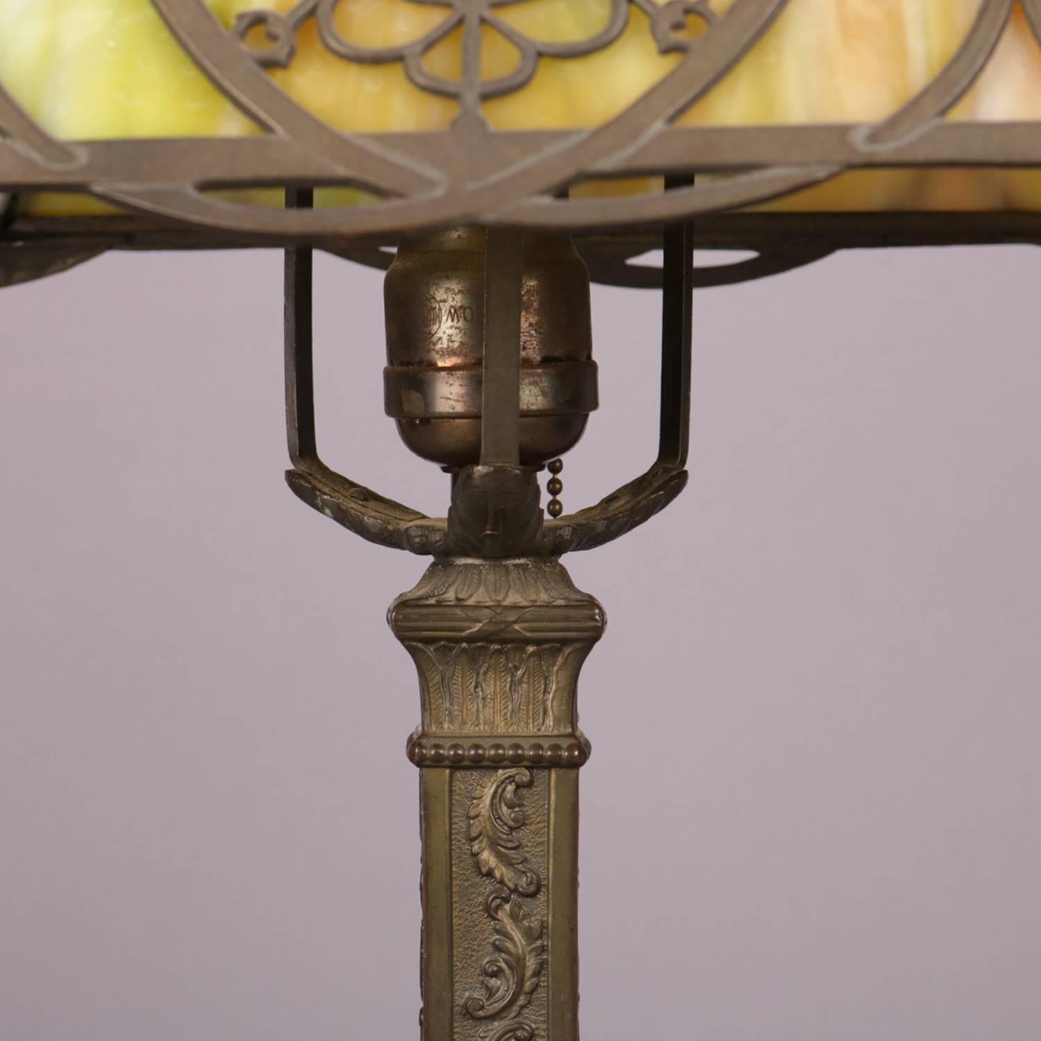 Metal Antique Arts & Crafts Bradley & Hubbard School Slag Glass Table Lamp, circa 1920