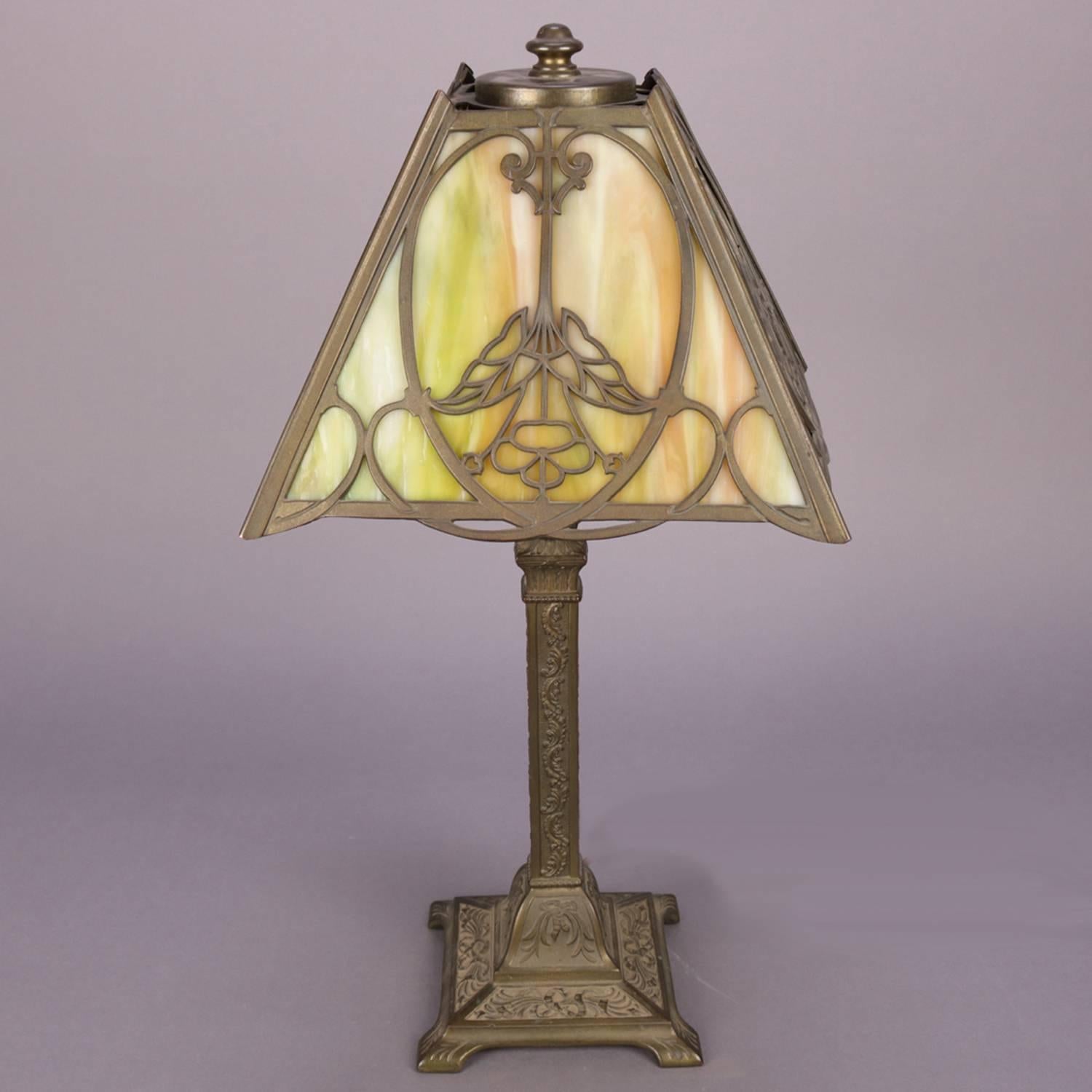 Antique Arts & Crafts Bradley & Hubbard School Slag Glass Table Lamp, circa 1920 1