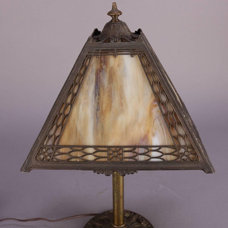 Antique Arts and Crafts Miller Slag FourPanel Glass Petite Table Lamp, circa 1920 at 1stDibs