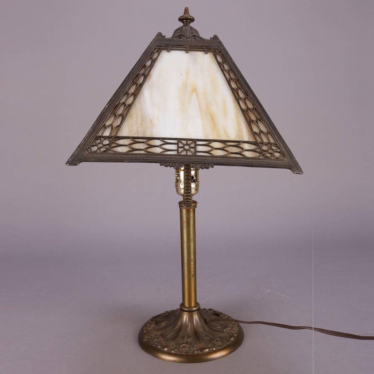 Antique Arts and Crafts Miller Slag FourPanel Glass Petite Table Lamp