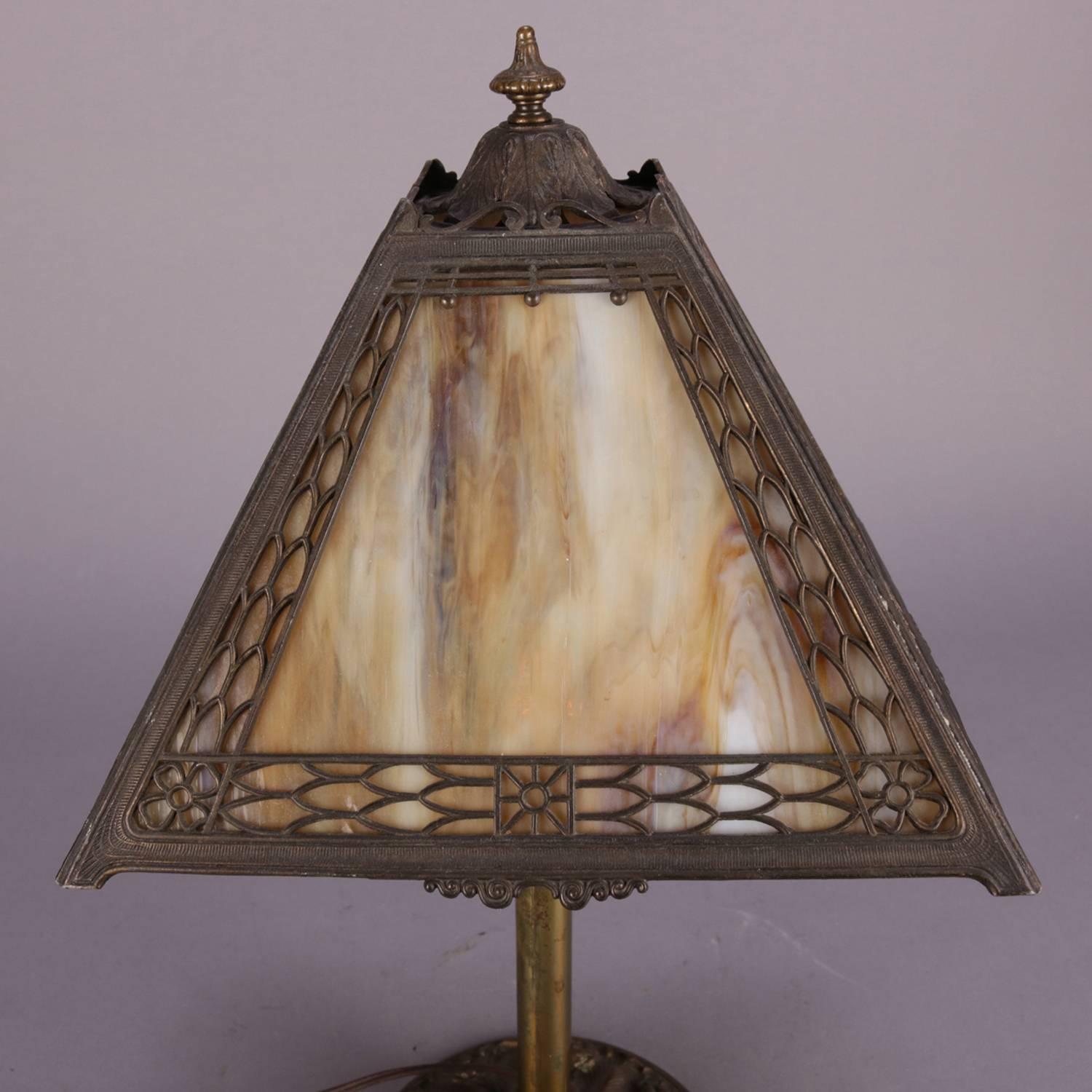 Cast Antique Arts & Crafts Miller Slag Four-Panel Glass Petite Table Lamp, circa 1920