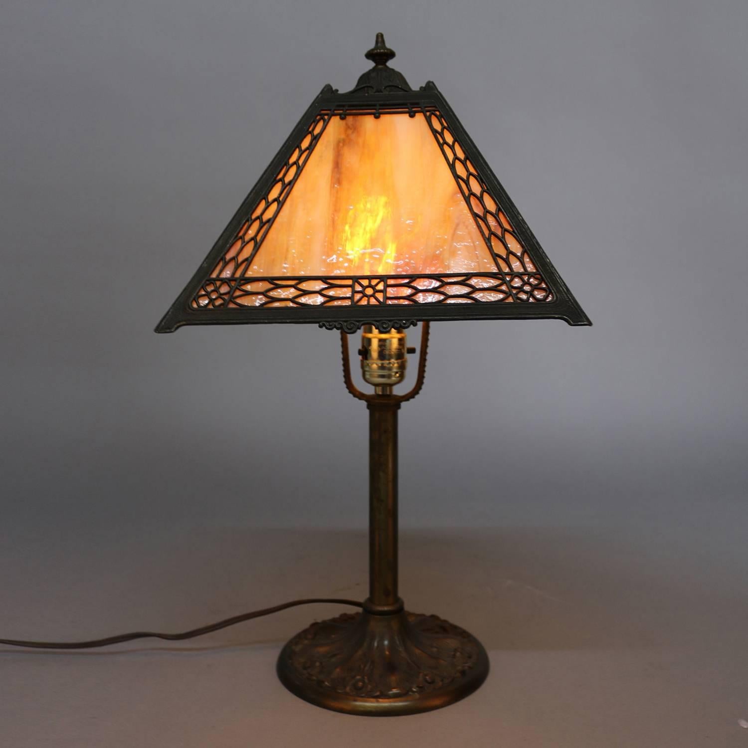 Antique Arts & Crafts Miller Slag Four-Panel Glass Petite Table Lamp, circa 1920 In Good Condition In Big Flats, NY