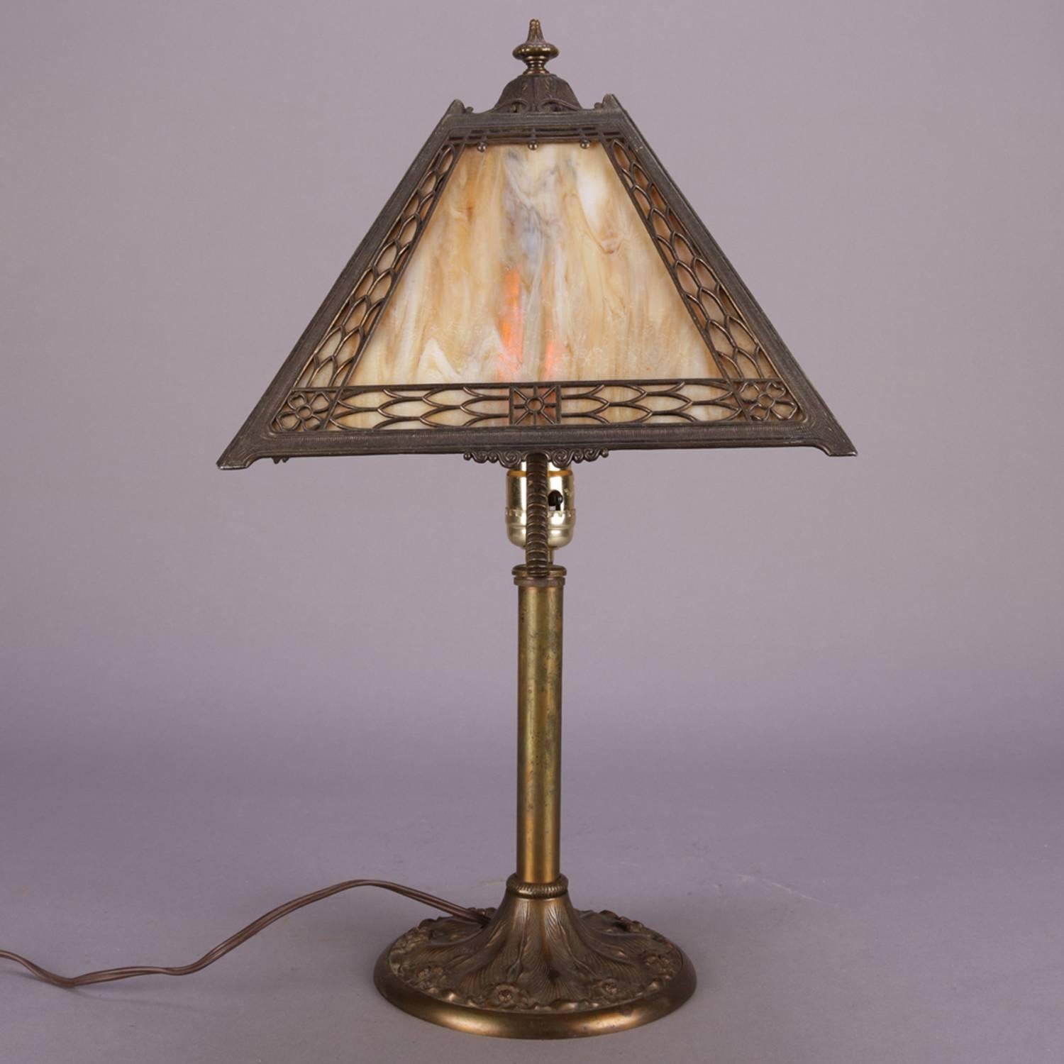 20th Century Antique Arts & Crafts Miller Slag Four-Panel Glass Petite Table Lamp, circa 1920