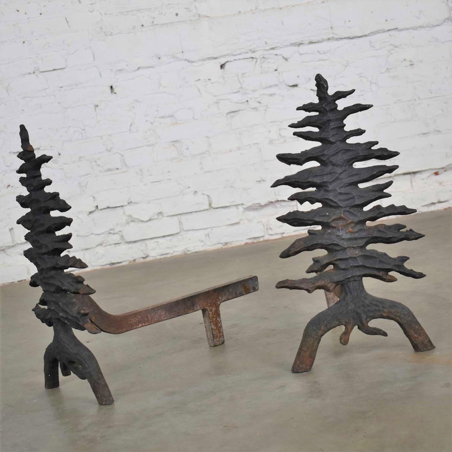 Arts and Crafts Antique Arts & Crafts Pair of Pine Tree Cast Iron Andirons by Martin Industries