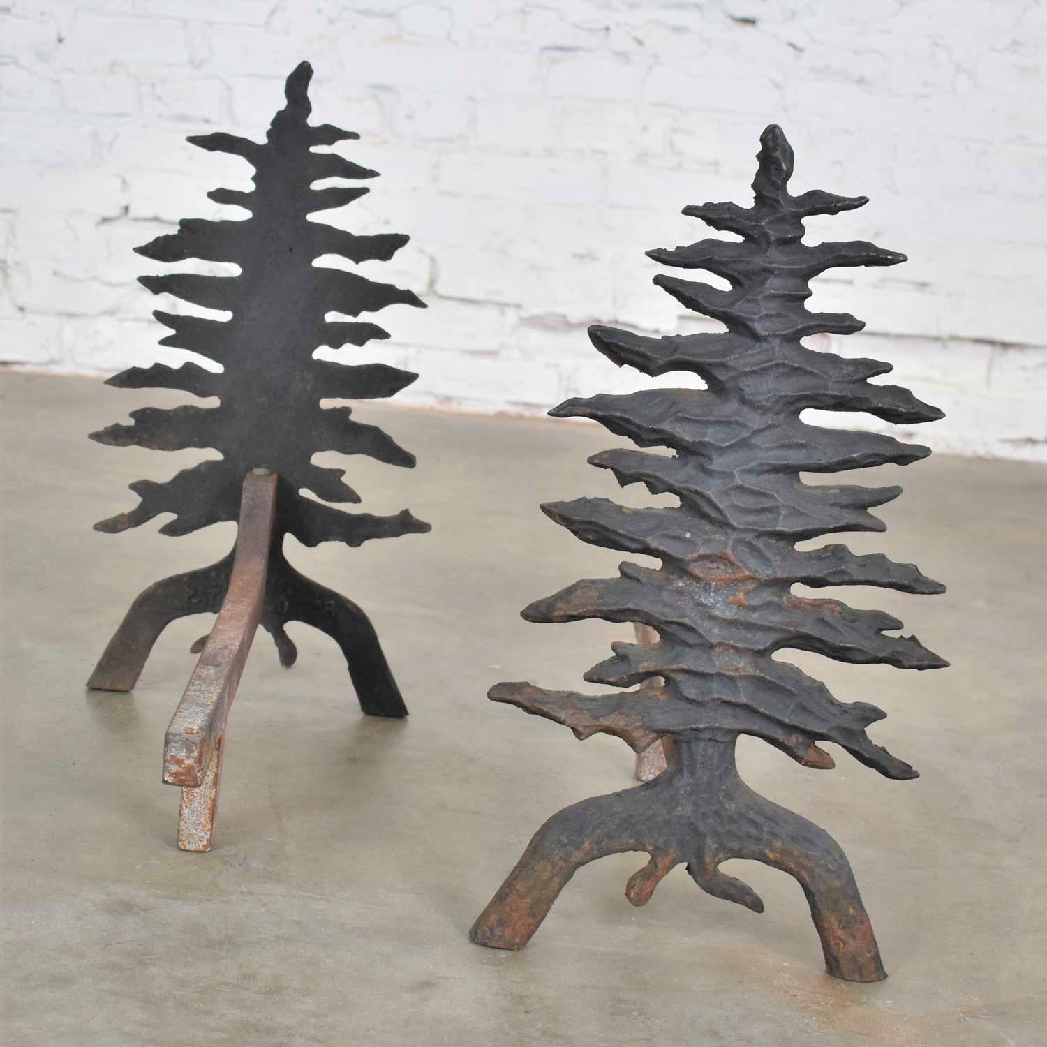 American Antique Arts & Crafts Pair of Pine Tree Cast Iron Andirons by Martin Industries
