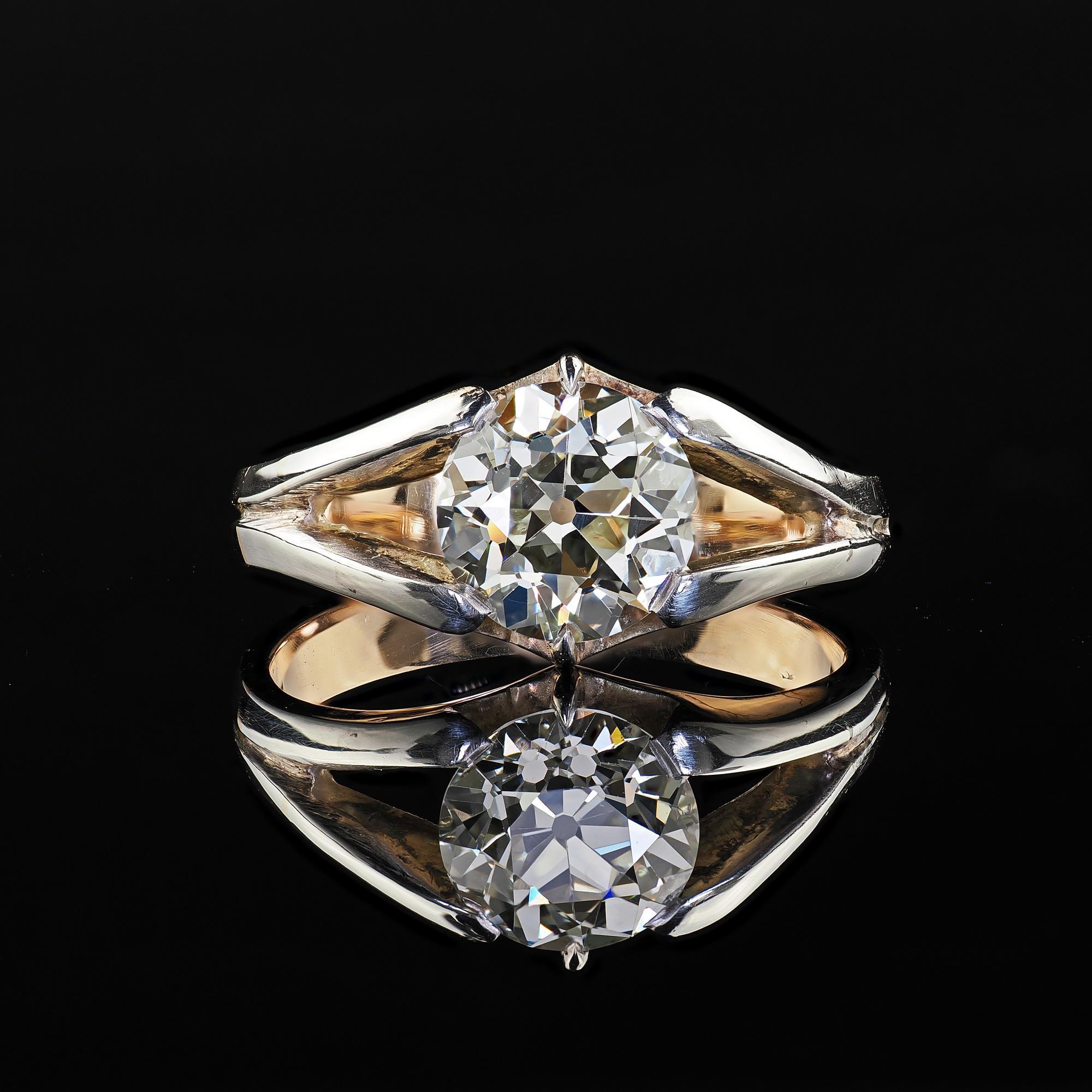 Anello di fidanzamento con diamante antico in oro 14K e argento - GIA in vendita 1