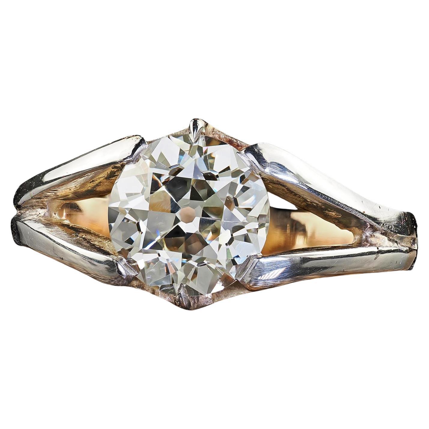 Bague de fiançailles ancienne en or 14K, argent, diamant Euro - GIA