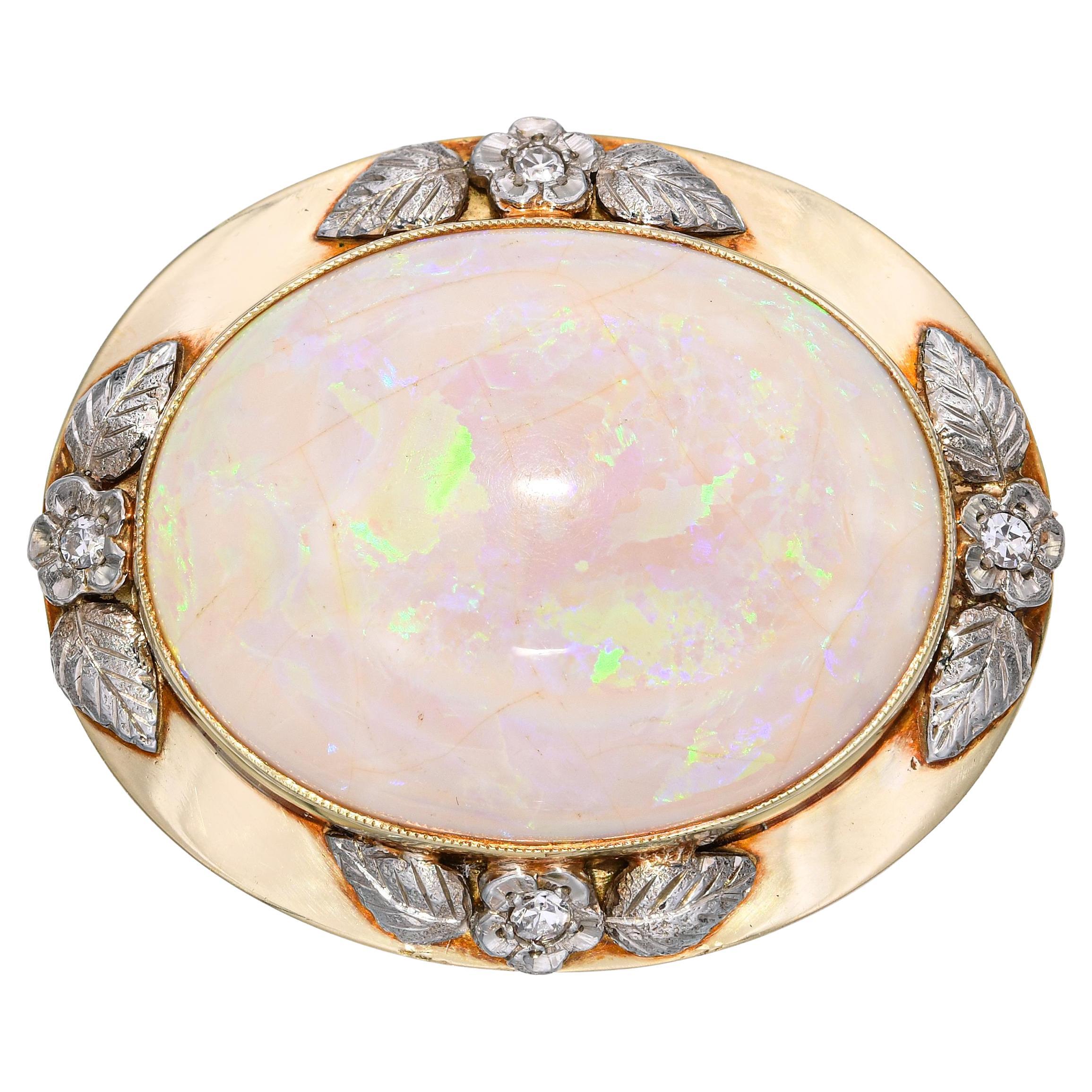 Antique Arts and Crafts 14k Yellow Gold and Silver Opal Diamond Floral Brooch