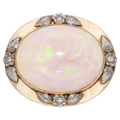 Antica spilla floreale in oro giallo 14k e argento con diamanti e opale