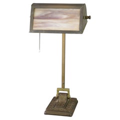 Antique Arts And Crafts Bradley & Hubbard School Brass & Slag Glass Desk Lamp