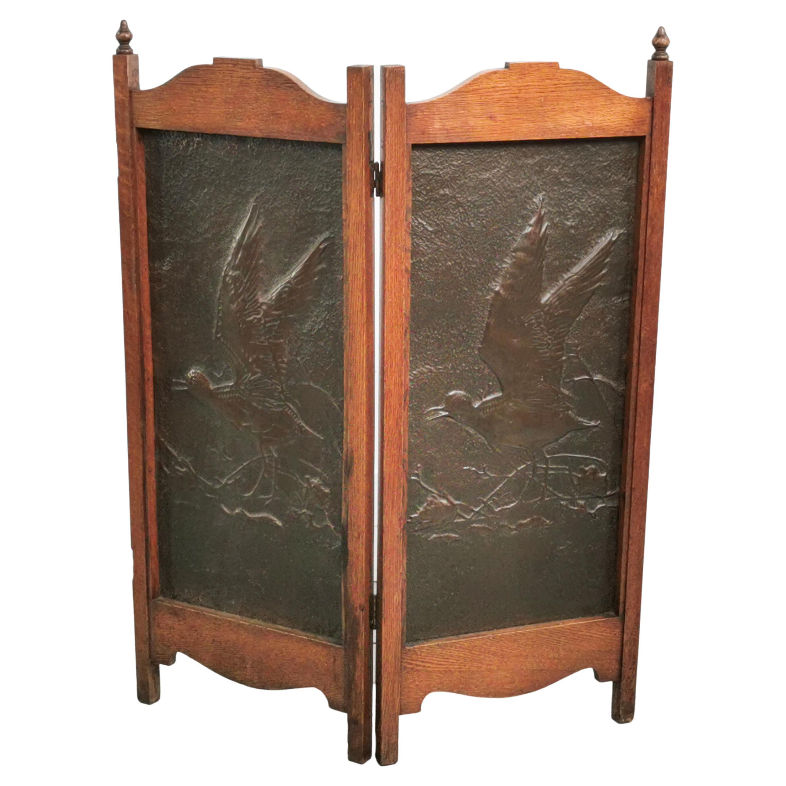 Antique Arts & Crafts Brass and Oak Fire Screen For Sale