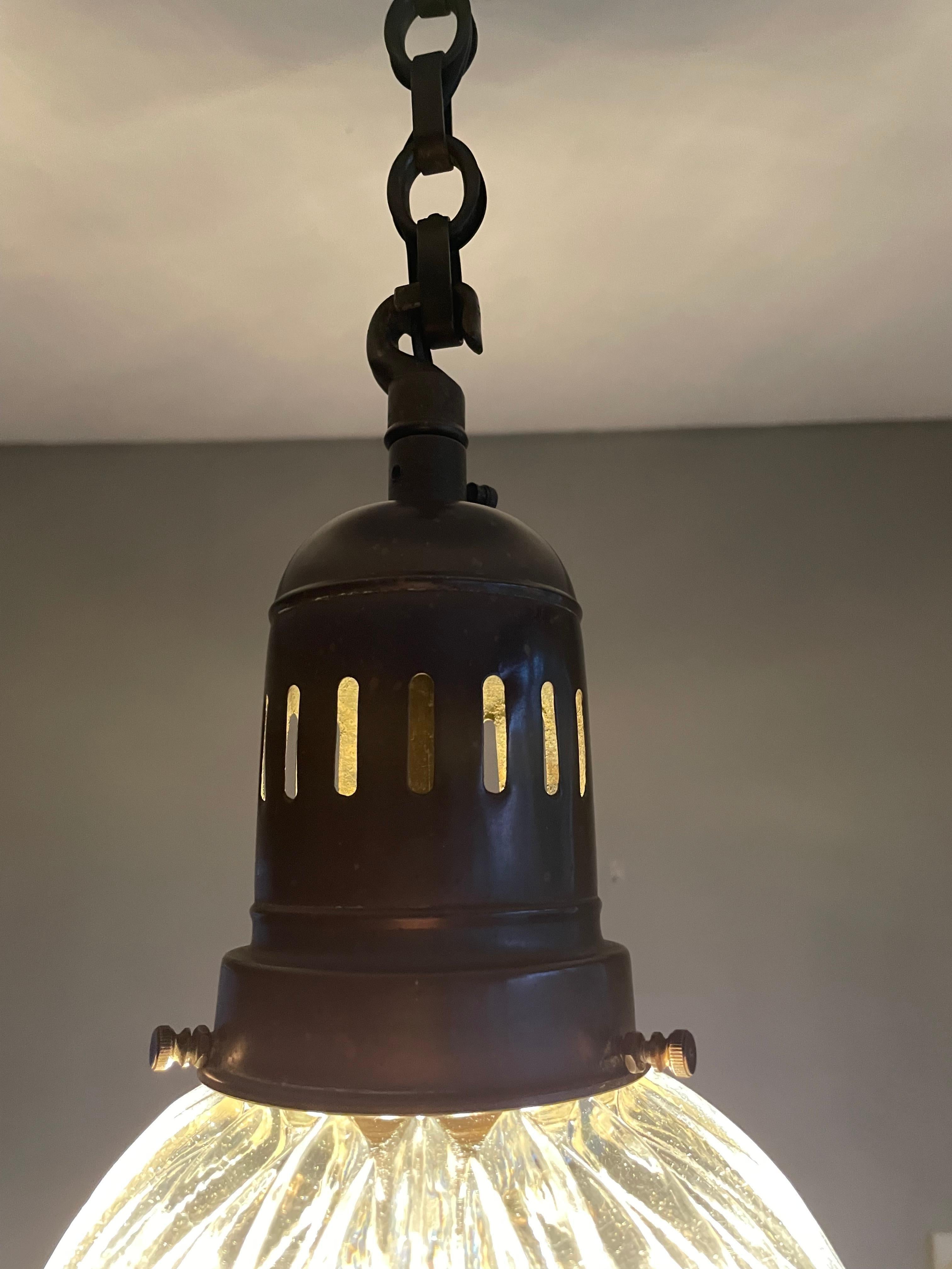 Antique Arts and Crafts Brass and Prismatic Glass Pendant Light by Holophane 7