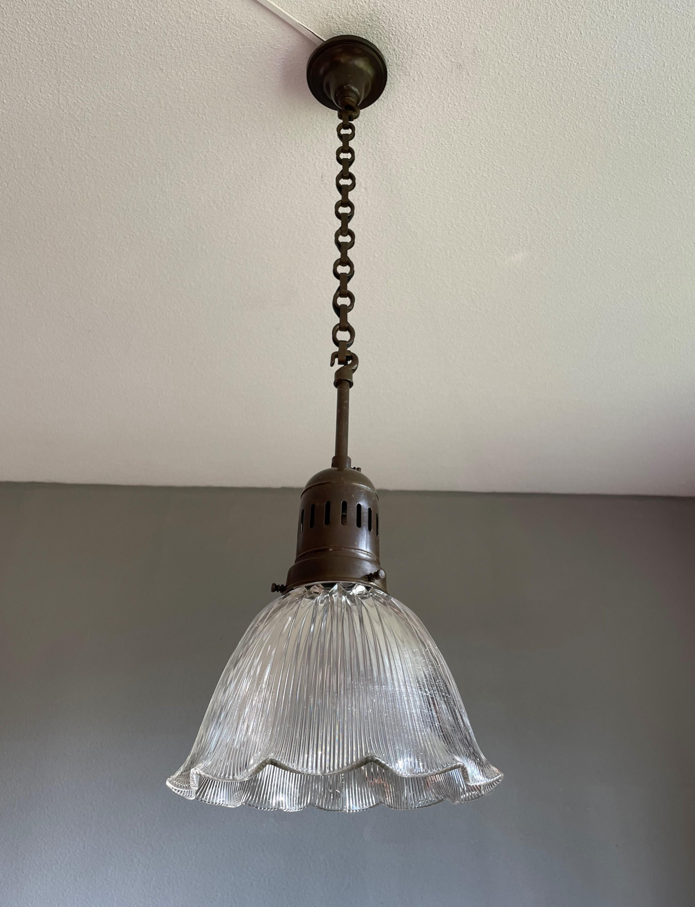 Antique Arts and Crafts Brass and Prismatic Glass Pendant Light by Holophane In Good Condition In Lisse, NL