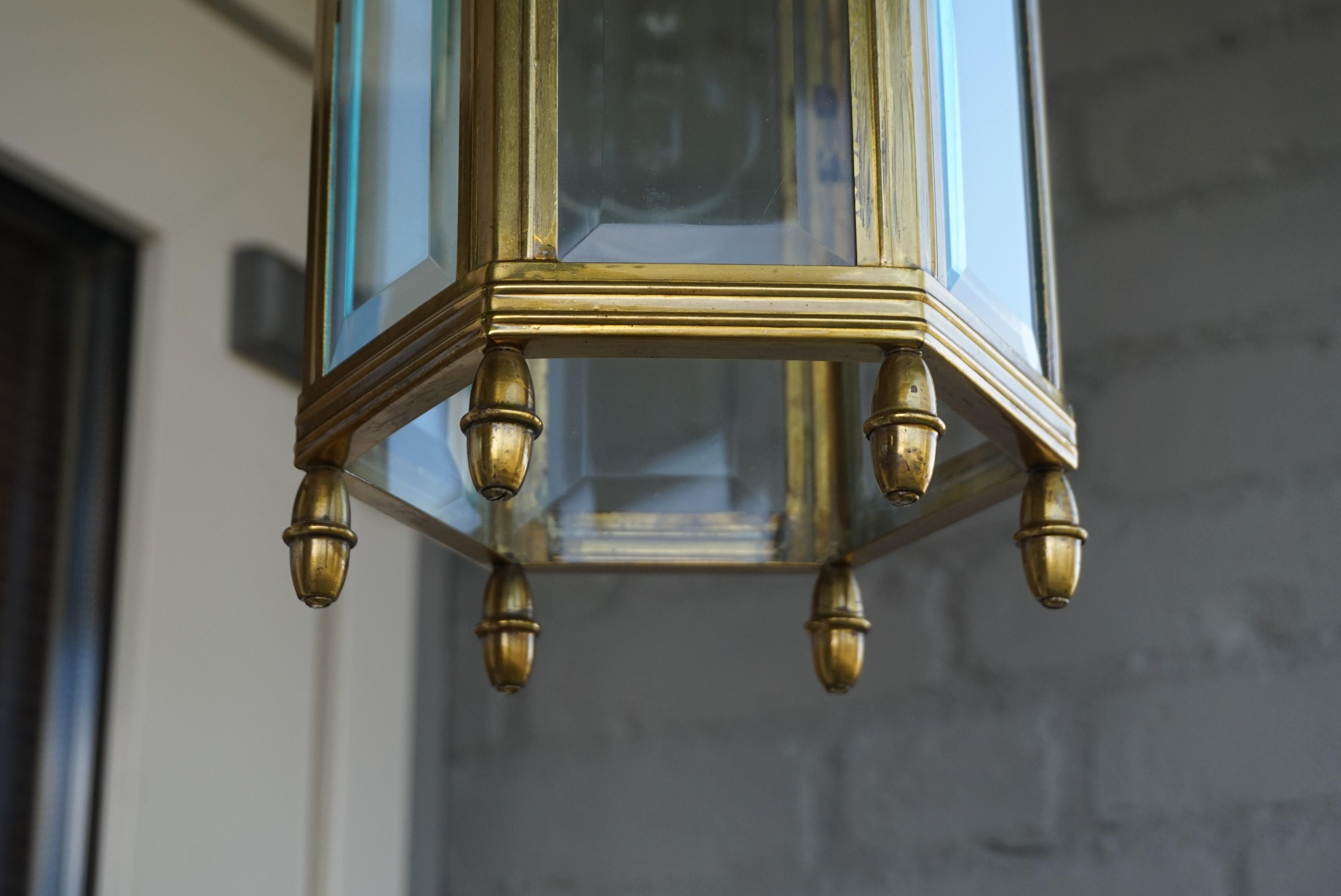 Antique Arts & Crafts Brass and Beveled Glass Entry Hall Pendant / Light Fixture 6