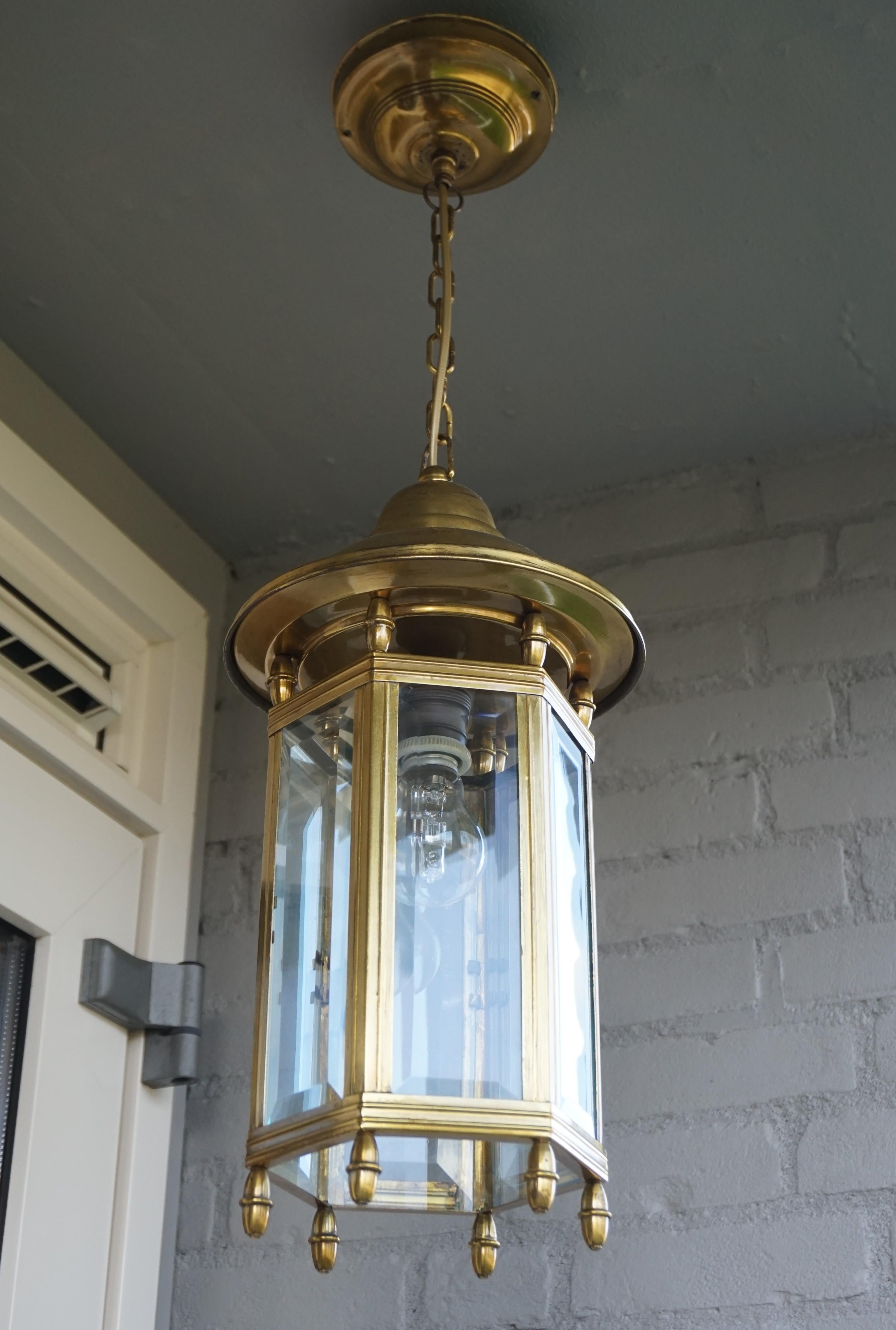 Antique Arts & Crafts Brass and Beveled Glass Entry Hall Pendant / Light Fixture 7