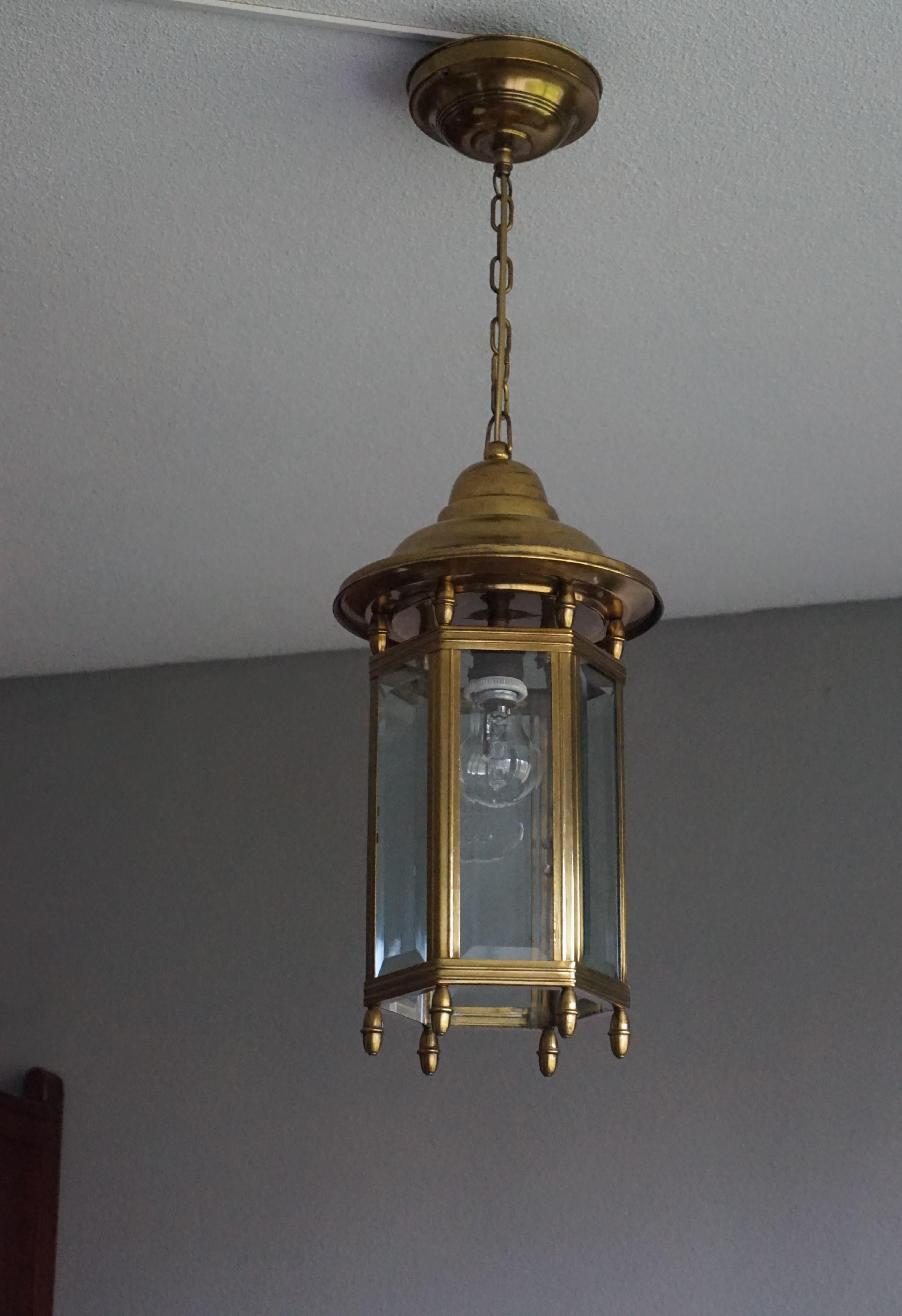 Antique Arts & Crafts Brass and Beveled Glass Entry Hall Pendant / Light Fixture 8