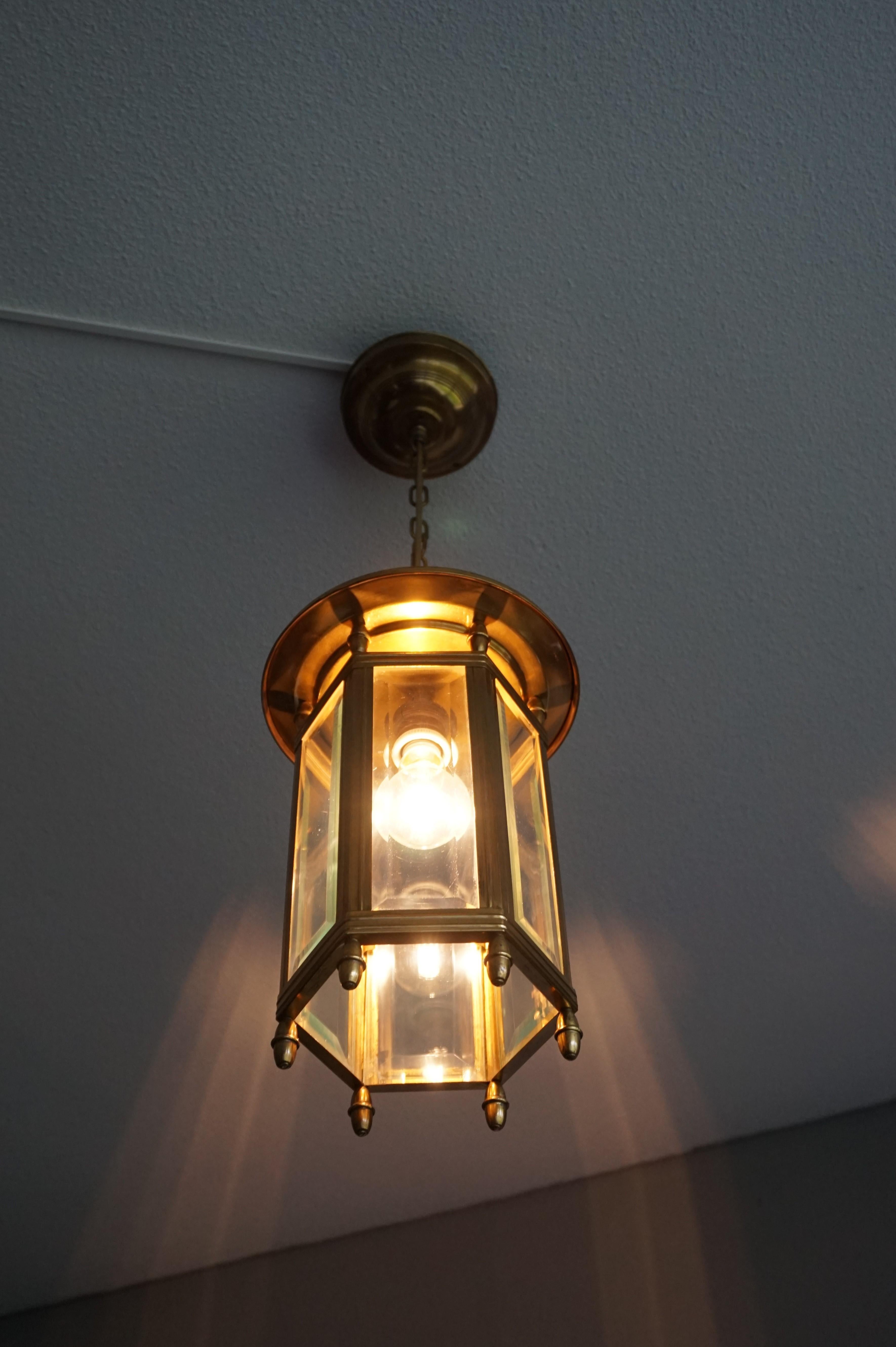 Antique Arts & Crafts Brass and Beveled Glass Entry Hall Pendant / Light Fixture 9