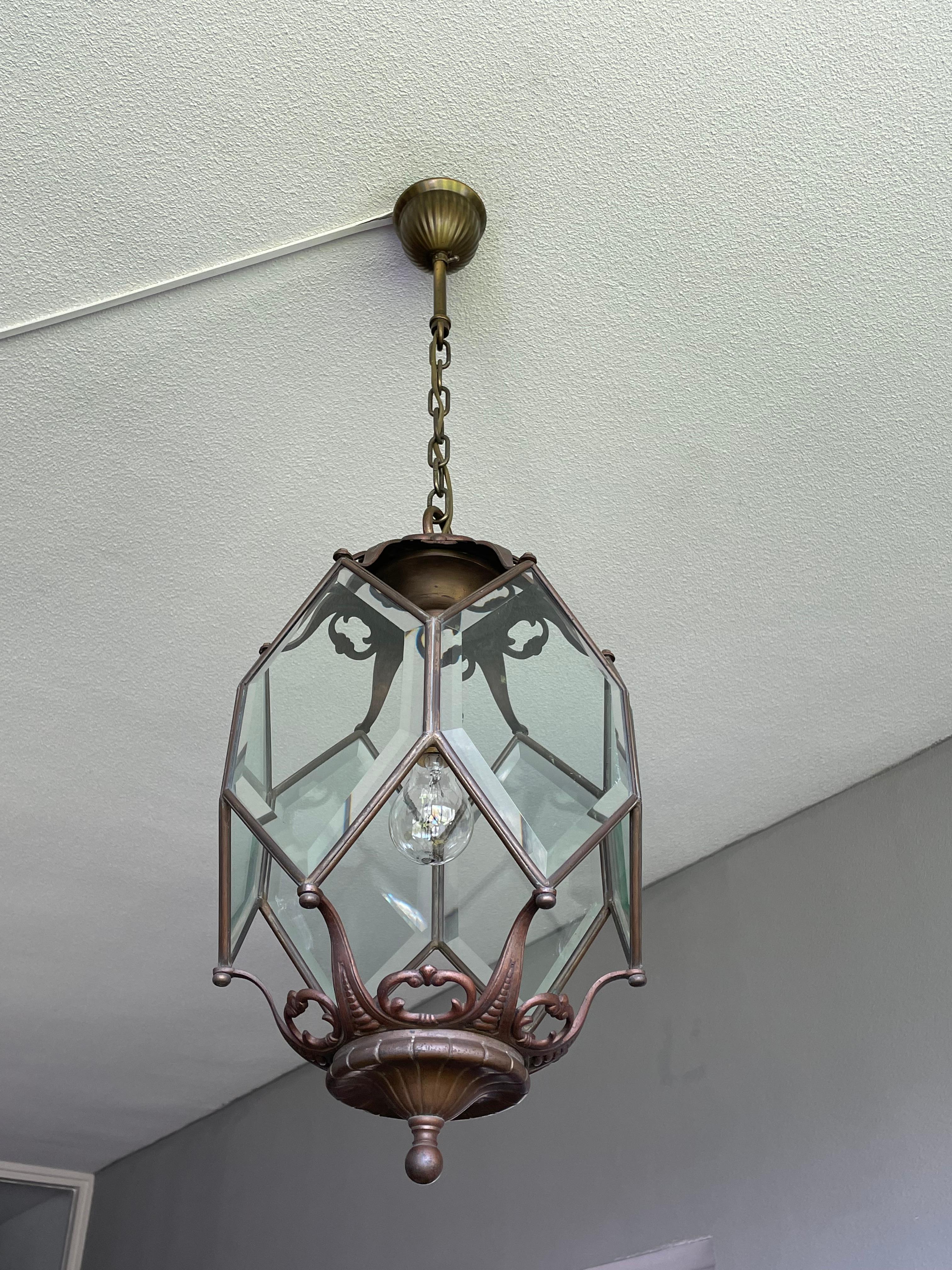Antique Arts and Crafts Bronze, Brass and Beveled Glass Lantern / Pendant Light For Sale 4