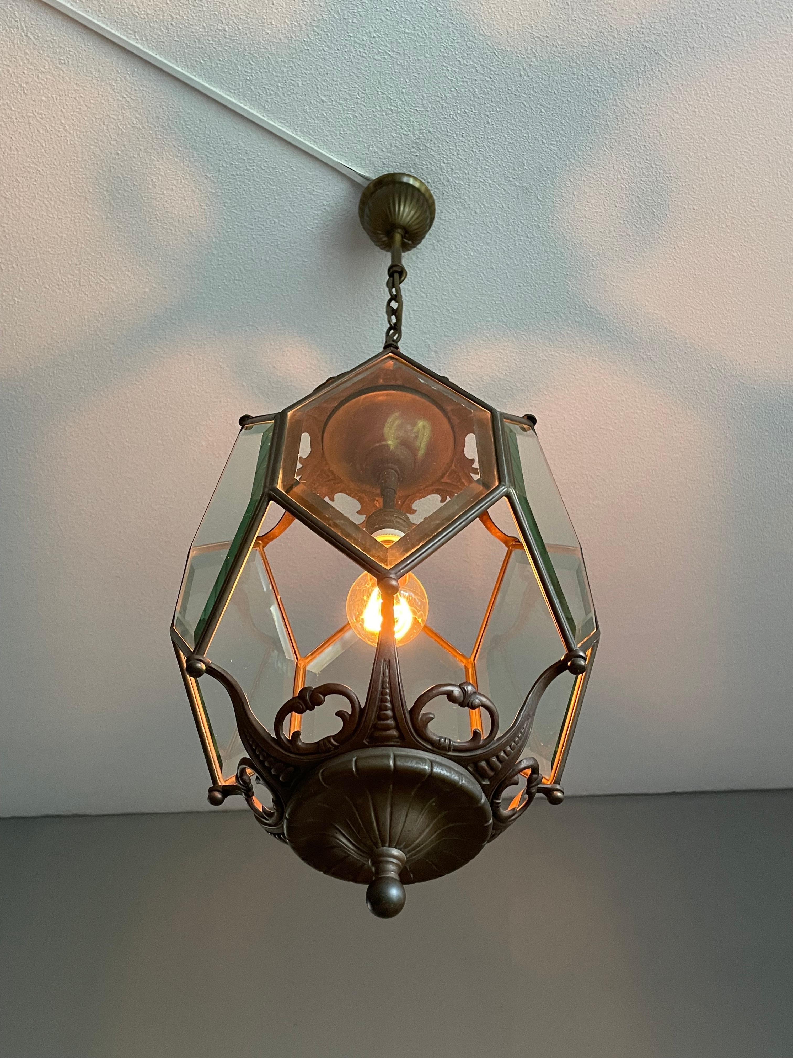 Antique Arts and Crafts Bronze, Brass and Beveled Glass Lantern / Pendant Light For Sale 5
