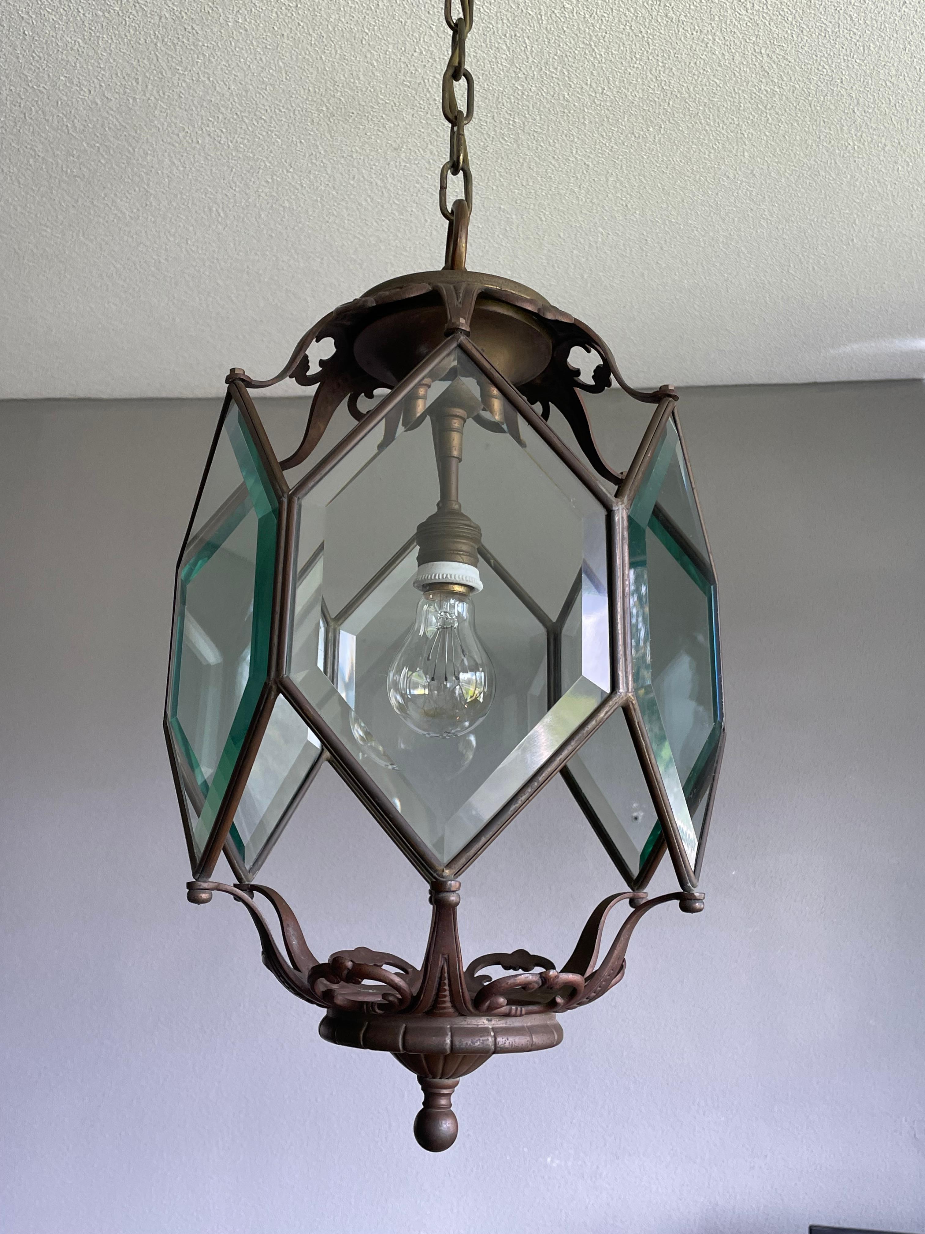 Antique Arts and Crafts Bronze, Brass and Beveled Glass Lantern / Pendant Light For Sale 6