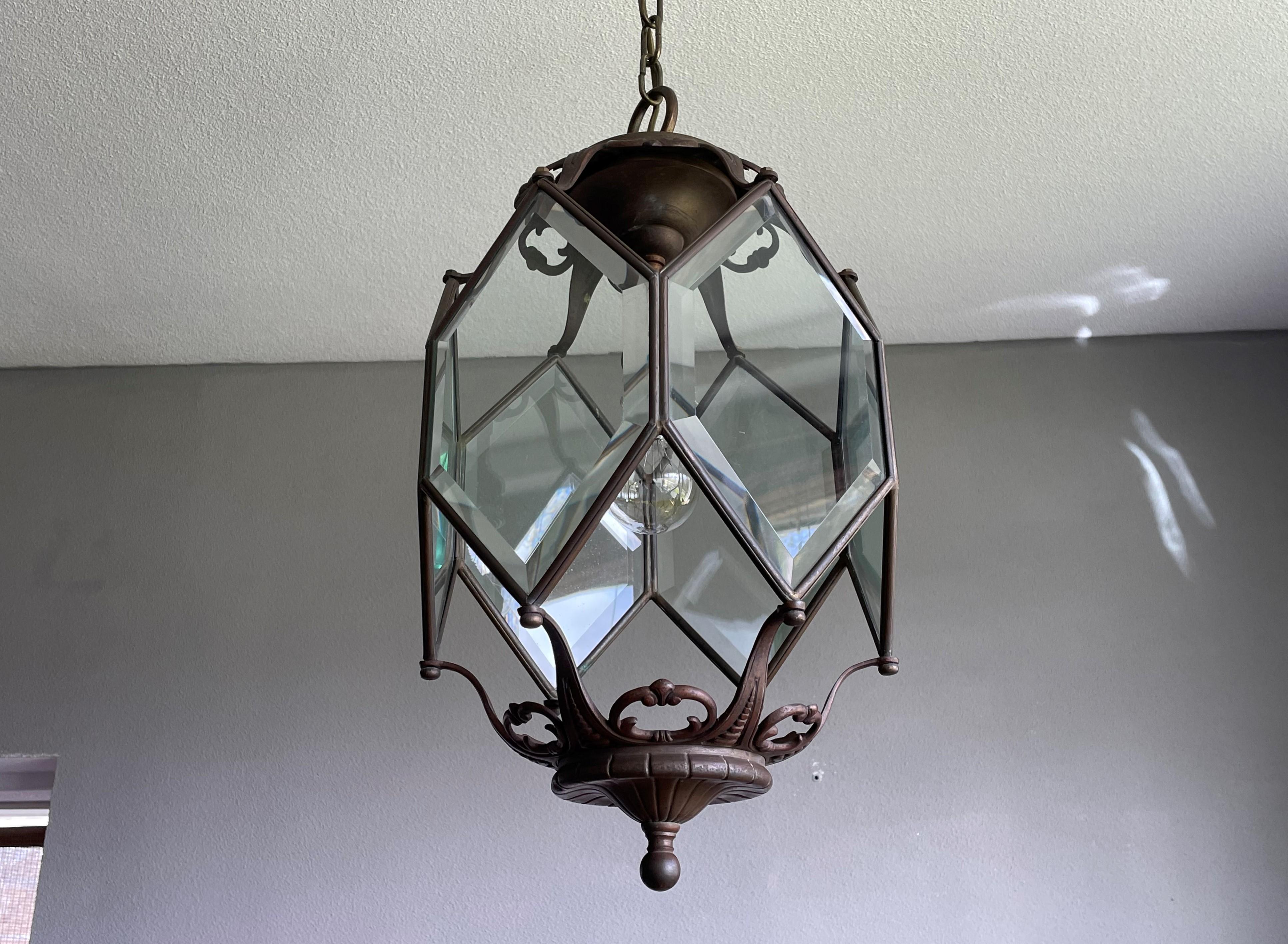 Antique Arts and Crafts Bronze, Brass and Beveled Glass Lantern / Pendant Light For Sale 10