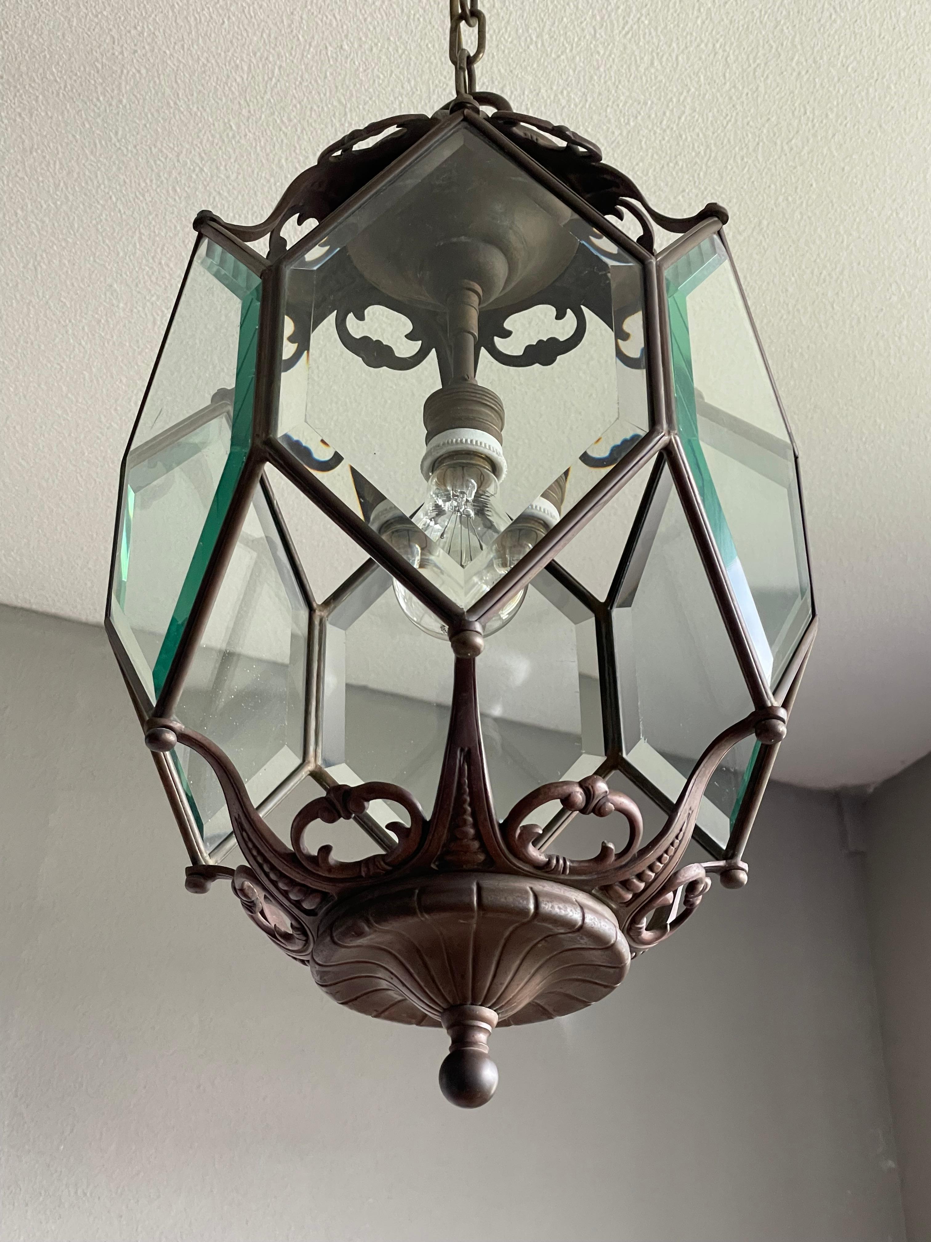Polished Antique Arts and Crafts Bronze, Brass and Beveled Glass Lantern / Pendant Light For Sale