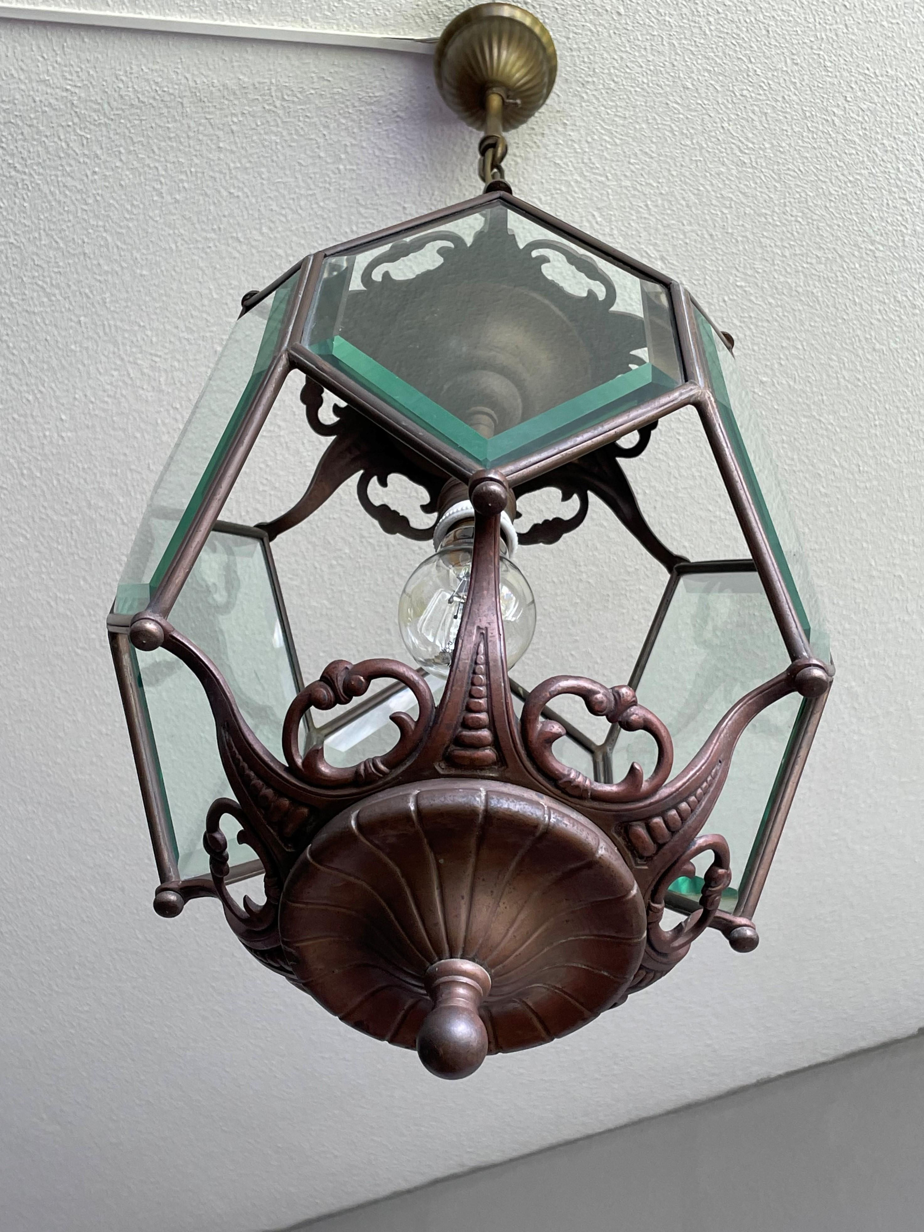 Antique Arts and Crafts Bronze, Brass and Beveled Glass Lantern / Pendant Light For Sale 1