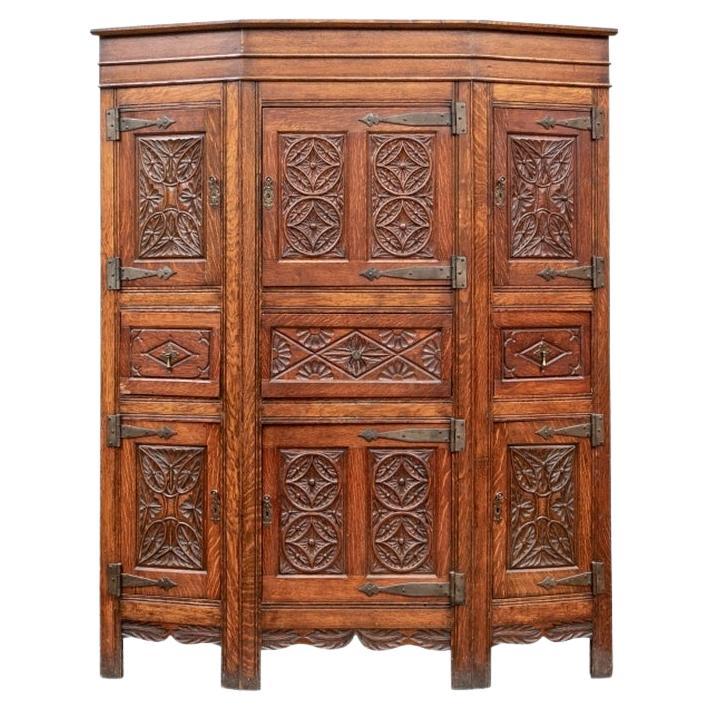Antique Arts And Crafts Carved Oak Cabinet 