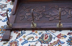 Antique Arts & Crafts Coat Rack with Brass Hooks & Decor of Hand-Carved Roses