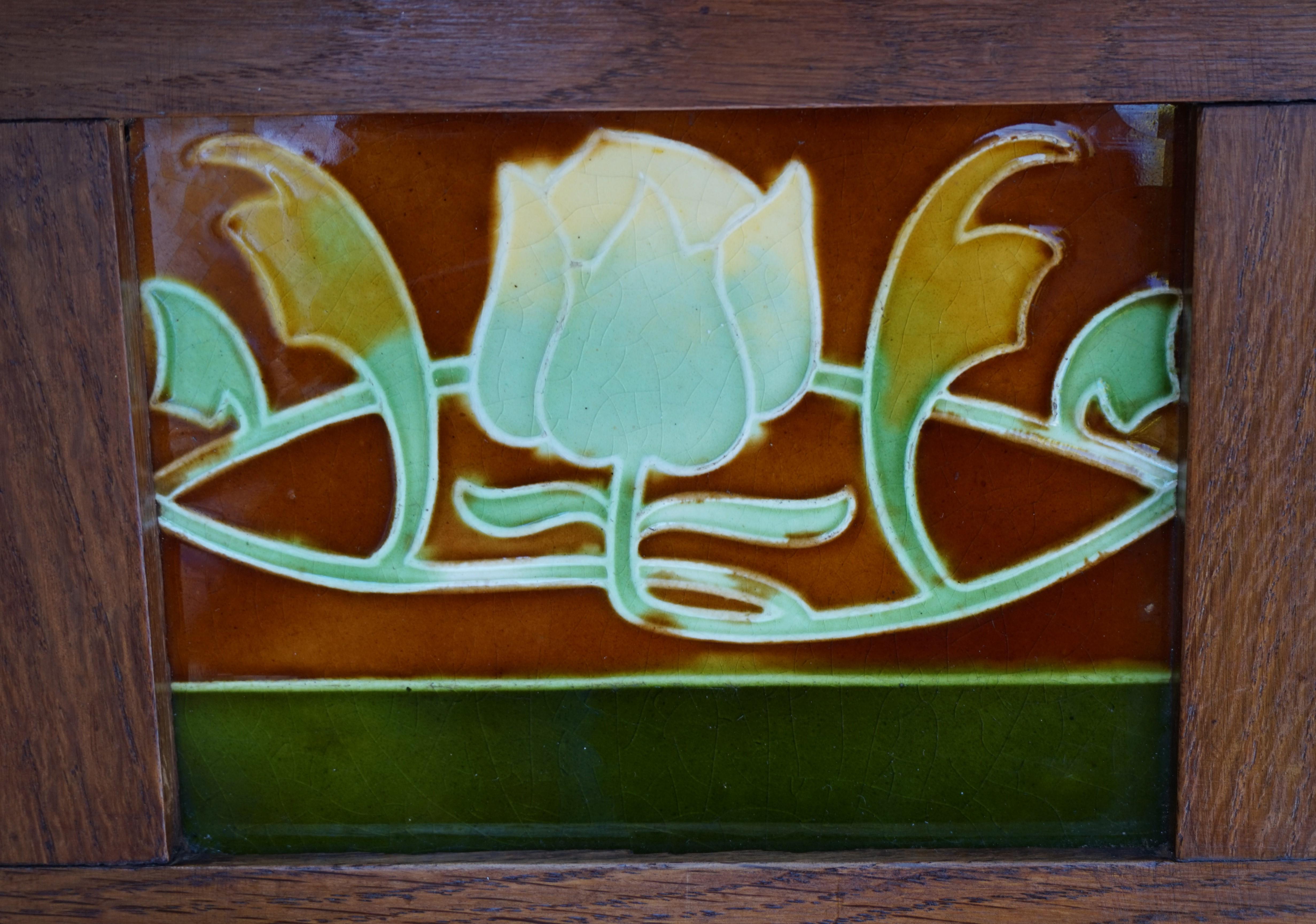 Antique Arts & Crafts Coat Rack with Majolica Glazed, Stylized Lotus Flower Tile 2