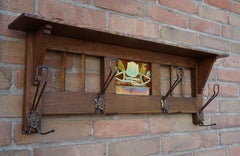 Antique Arts & Crafts Coat Rack with Majolica Glazed, Stylized Lotus Flower Tile